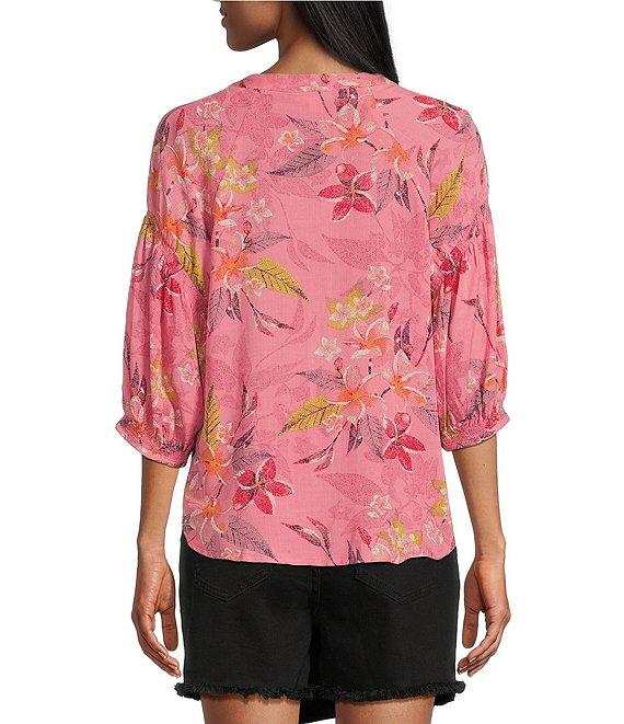 Westbound Floral Woven Elbow Smock Sleeve Henley Blouse Product Image