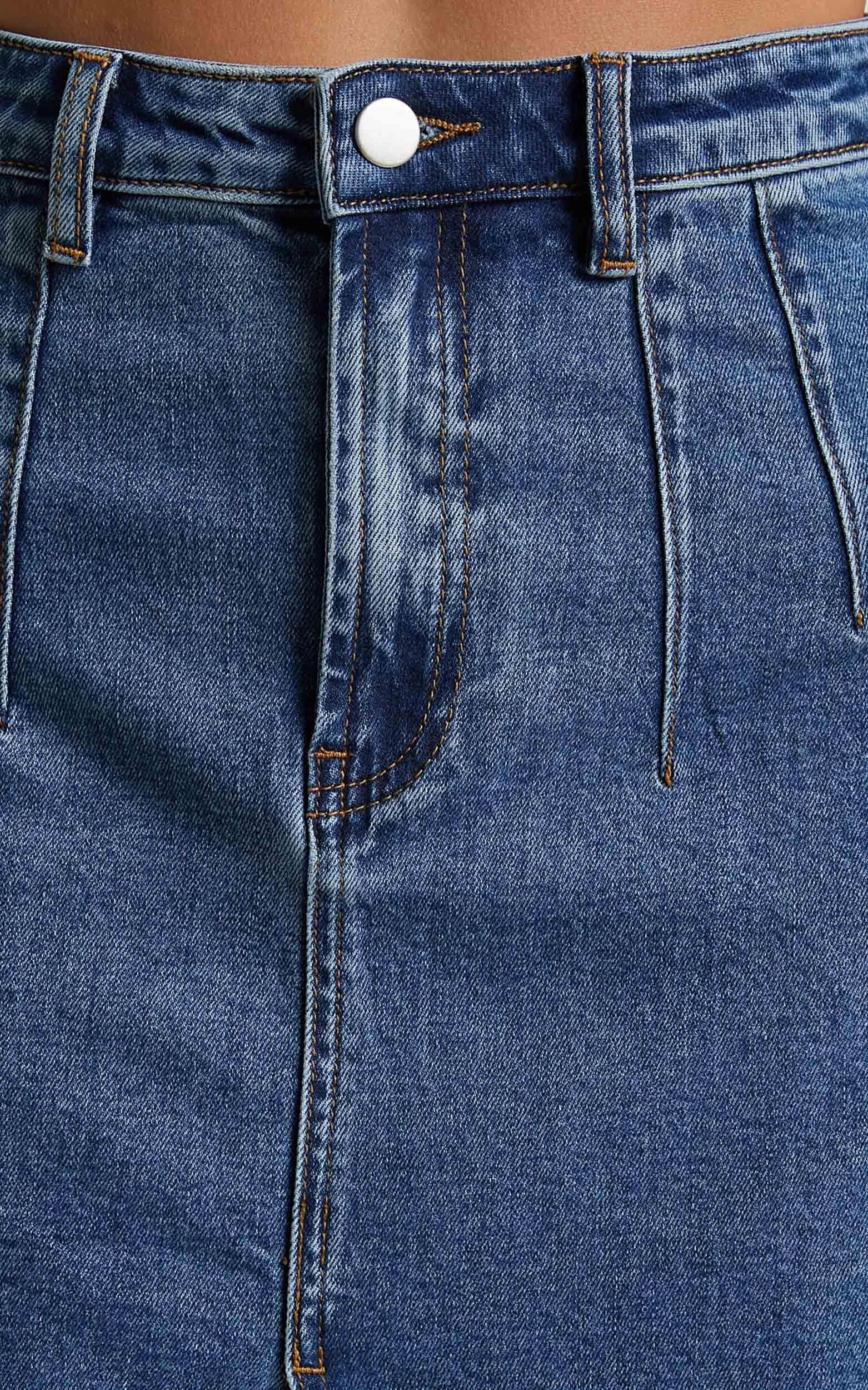 Janeve Midi Skirt - Front Split Denim Skirt in Dark Blue Product Image