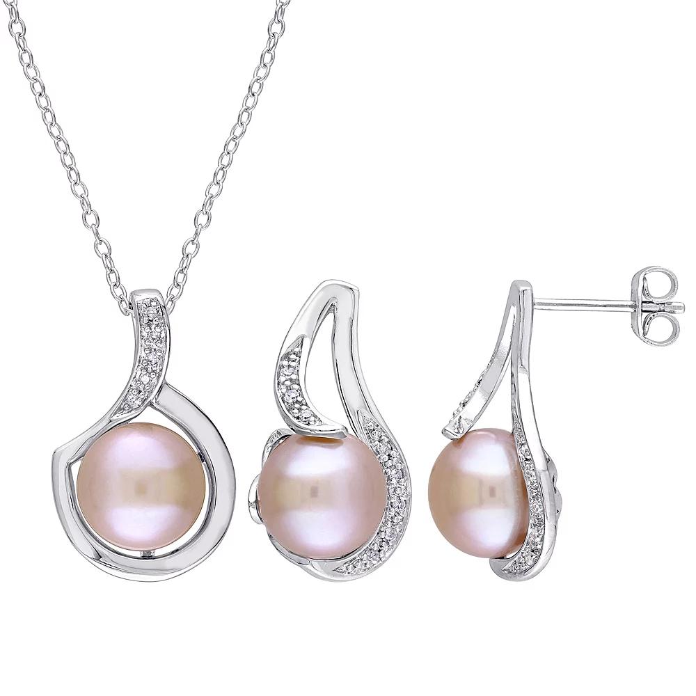 Stella Grace Sterling Silver 1/10 Carat T.W. Diamond & Dyed Freshwater Cultured Pearl Pendant & Earring Set, Women's, Size: 18", Silvertone Product Image