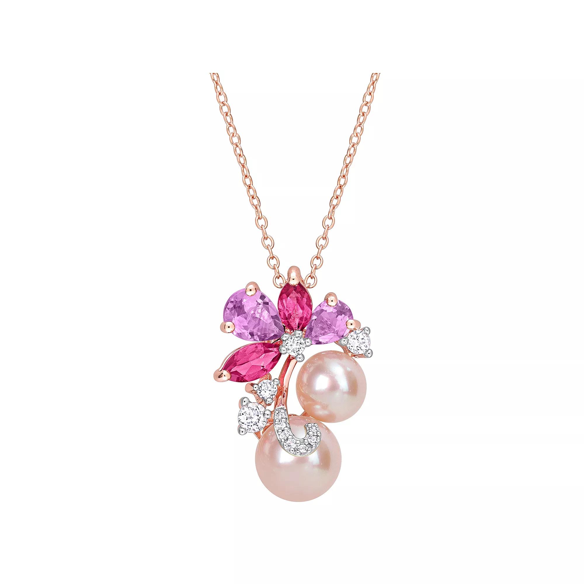 Stella Grace 18k Rose Gold Over Silver Multi-Gemstone & Pink Freshwater Cultured Pearl Cluster Pendant Necklace, Women's, Size: 18", Pink Tone Product Image