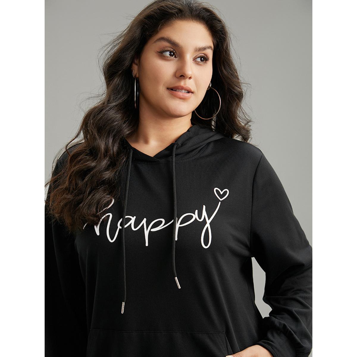 Plus Size Positive Slogans Print Kangaroo Pocket Hooded Sweatshirt Women Black Casual Printed Dailywear Sweatshirts BloomChic 26/4X Product Image