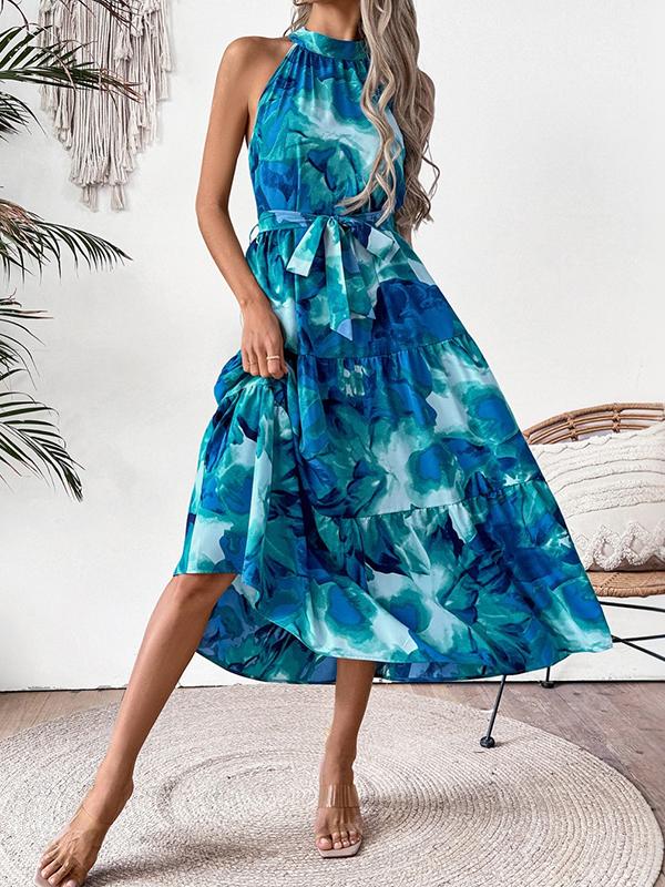 Loose Sleeveless Hollow Pleated Printed Split-Joint Tied Waist Round-Neck Midi Dresses Product Image