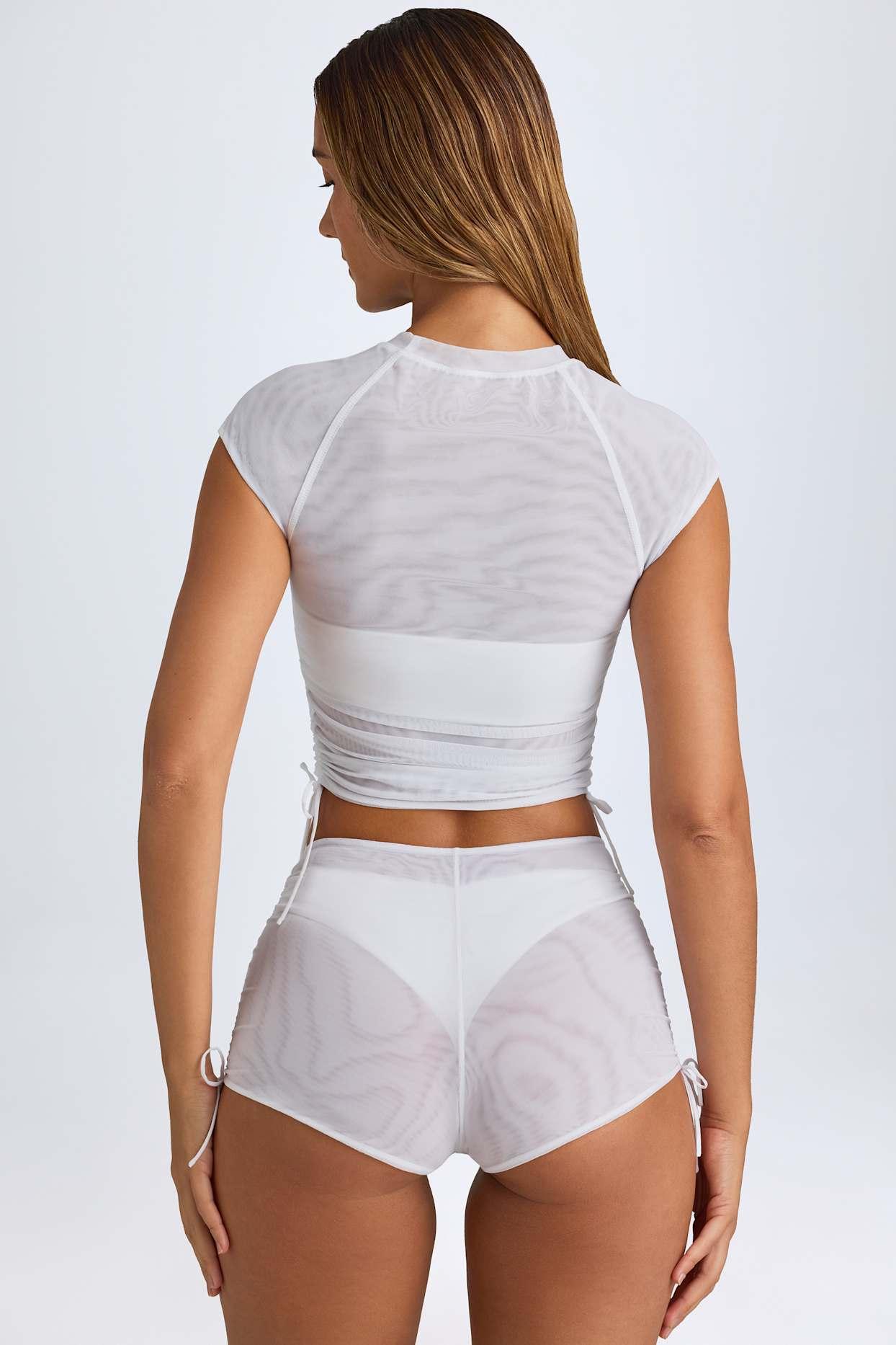 Sheer Ruched Cropped T-Shirt in White Product Image