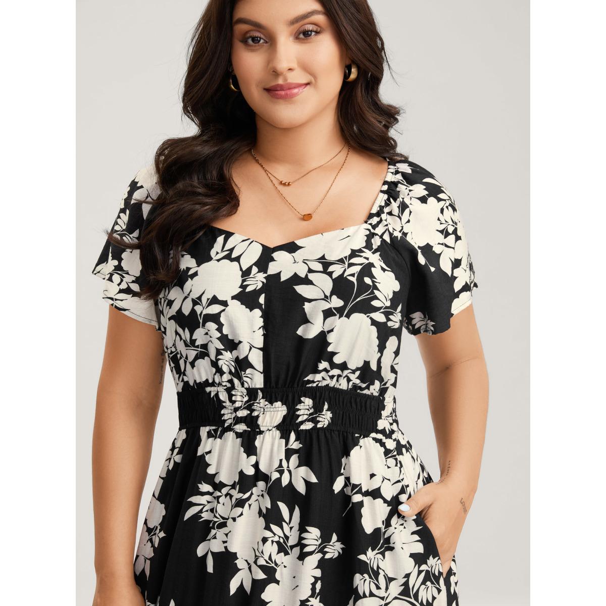Plus Size Floral Double Stretchy Waist Midi Dress Black Women Heart neckline Short sleeve Curvy BloomChic 12/L Product Image