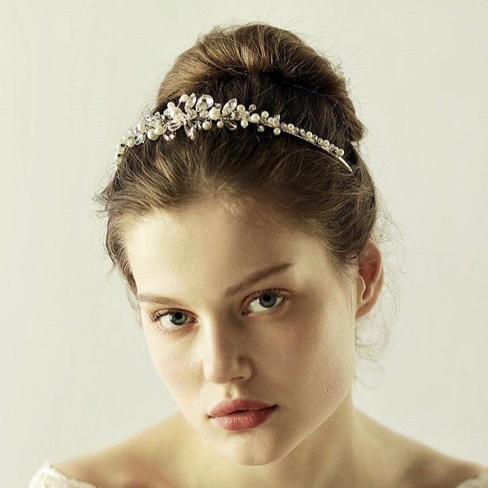 "Aleena" - Silver Pearl and Crystal Bridal Headband Product Image