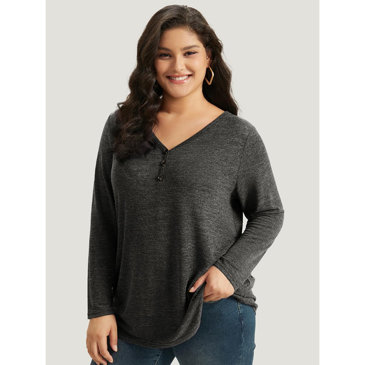 Plus Size Heather Button Up Long Sleeve T-shirt Black Women Casual Heather Plain V-neck Everyday T-shirts BloomChic 28/5X Product Image