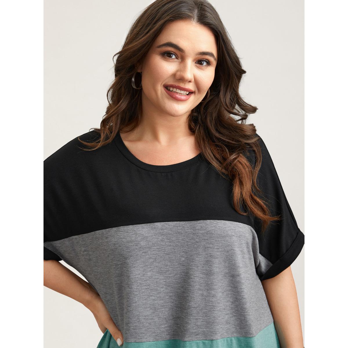 Plus Size Color Block Dolman Sleeve T-Shirt Multicolor Women Leisure Belted Round Neck Casual T-shirts BloomChic 28/5X Product Image