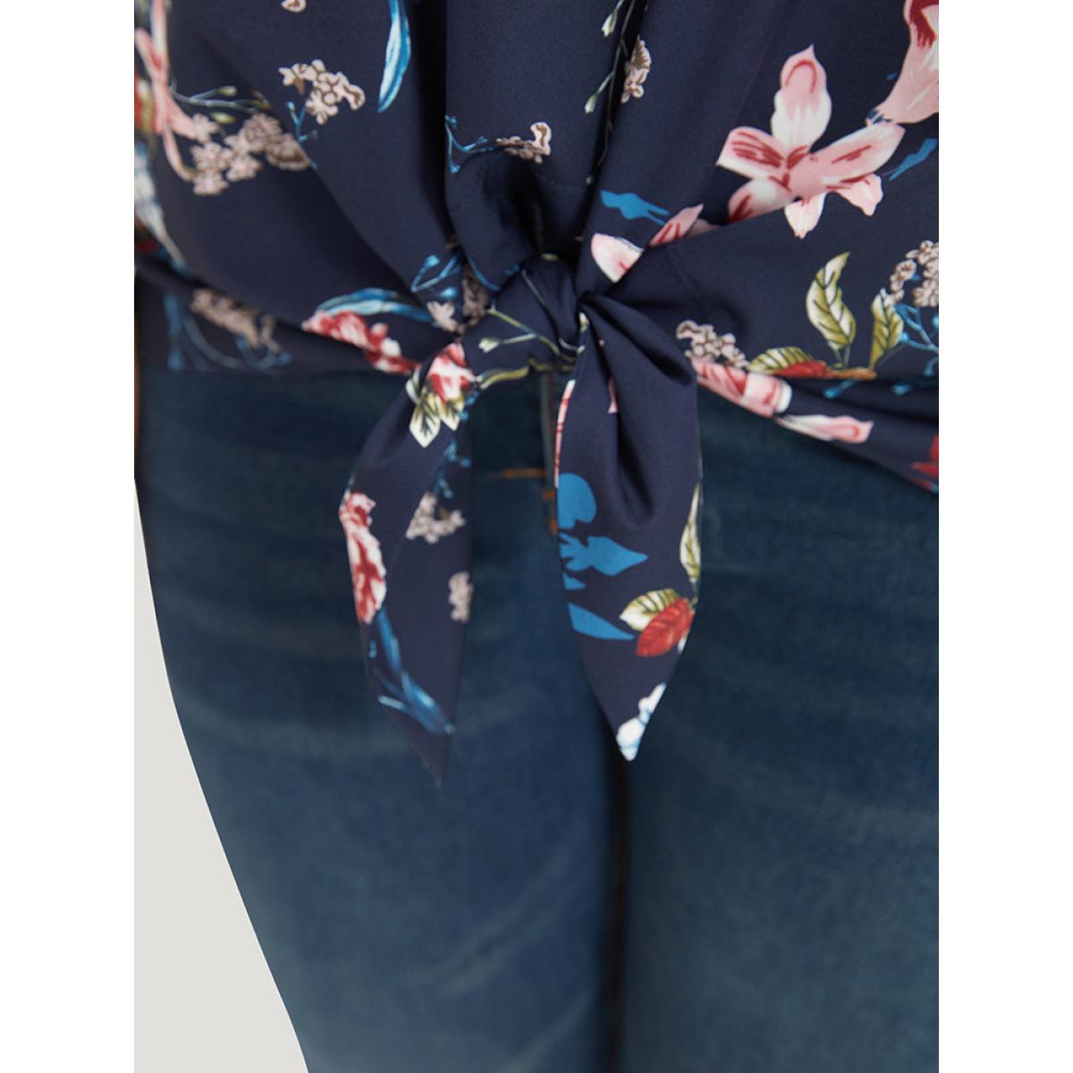 Plus Size Indigo Floral Print V Neck Ruffle Sleeve Twist Hem Blouse Women Elegant Half Sleeve V-neck Dailywear Blouses BloomChic 28/5X Product Image