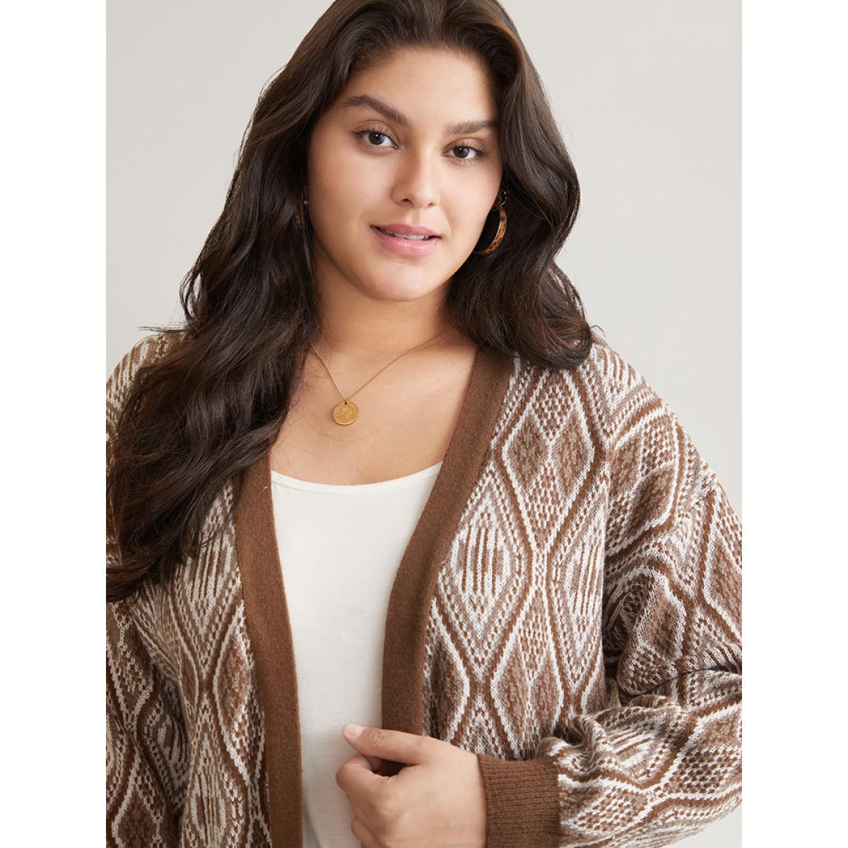 Plus Size Geometric Graphic Patched Pocket Jacquard Cardigan DarkBrown Women Casual Loose Long Sleeve Dailywear Cardigans BloomChic 22-24/3X Product Image