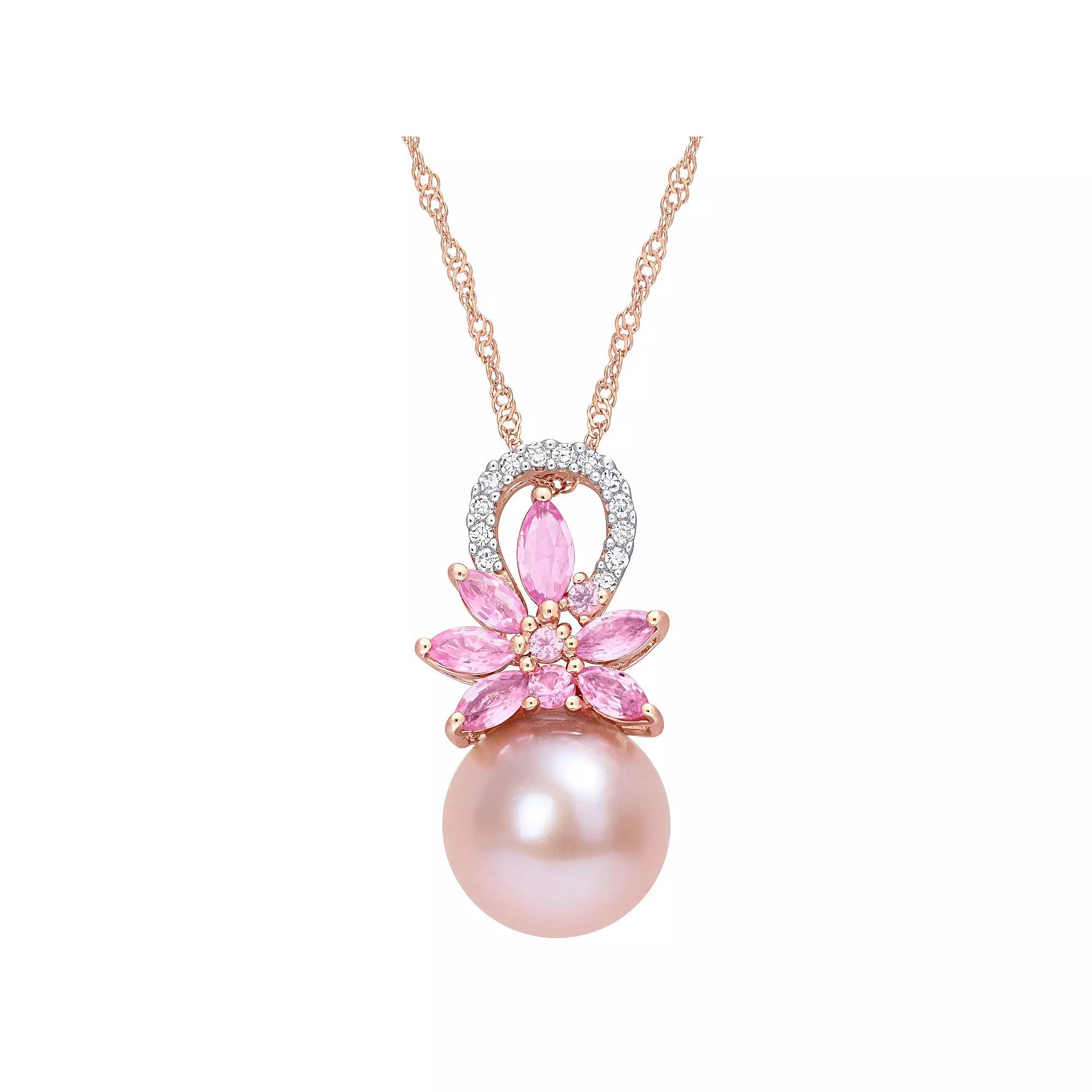 Stella Grace 14k Rose Gold Freshwater Cultured Pearl, Pink Sapphire & Diamond Accent Flower Pendant Necklace, Women's, Size: 17" Product Image