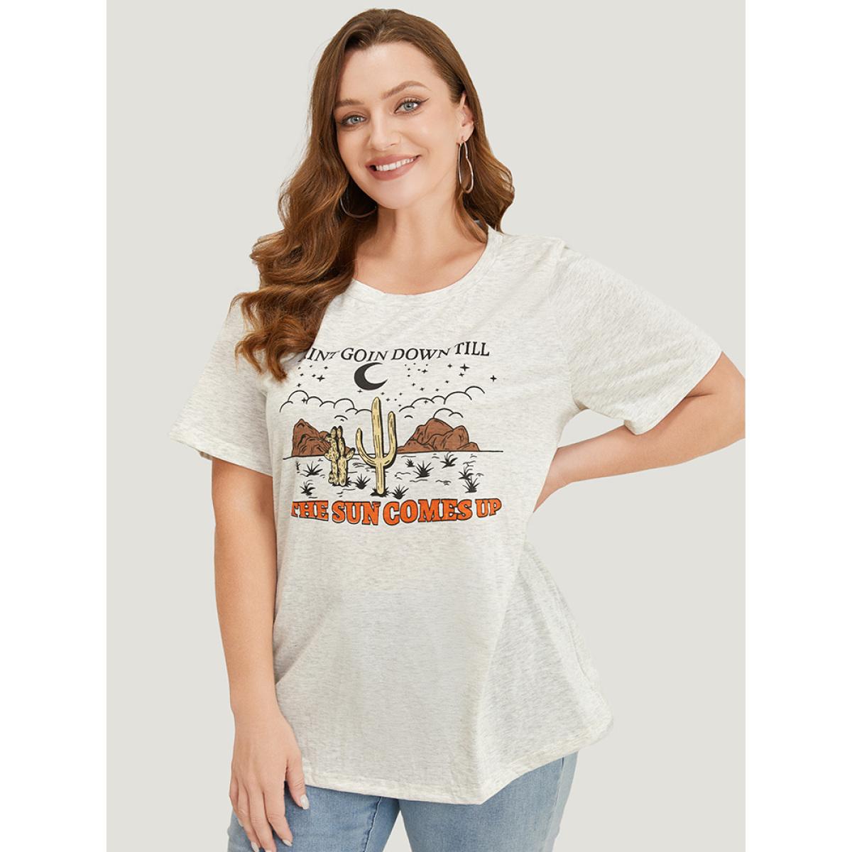 Plus Size Cactus & Letter Print Short Sleeve Graphic Tee LightGray Women Casual Western Dailywear T-shirts BloomChic 28/5X Product Image