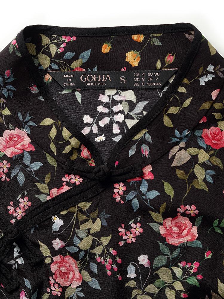 Mulberry Silk Slit Rose Print Women Qipao Midi Dress Product Image