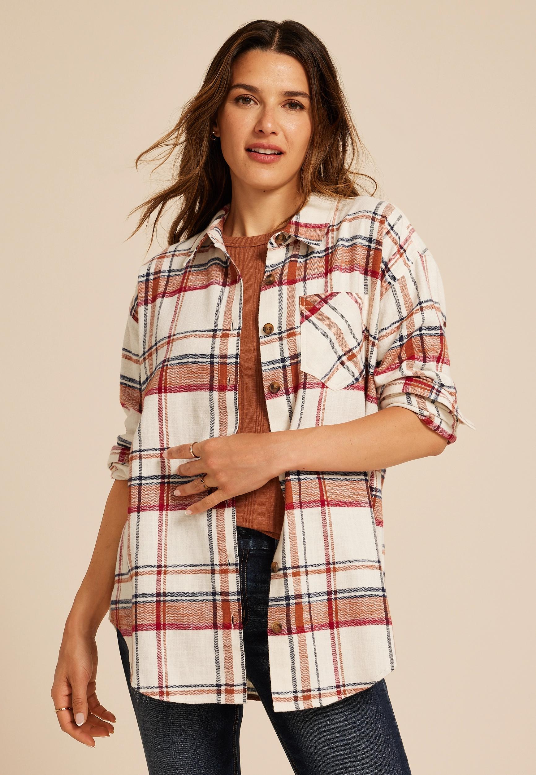 Cabin Plaid Boyfriend Tunic Button Down Shirt Product Image