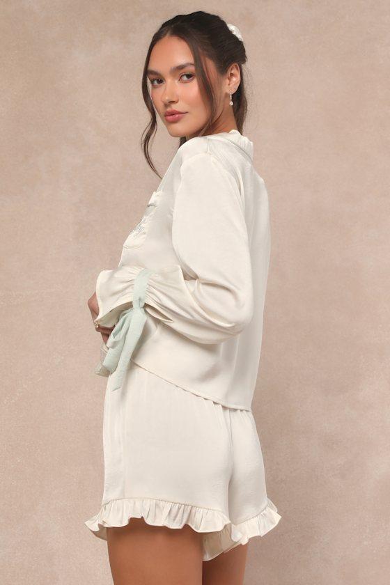 Kelda Ivory Satin Embroidered Two-Piece Pajama Set Product Image