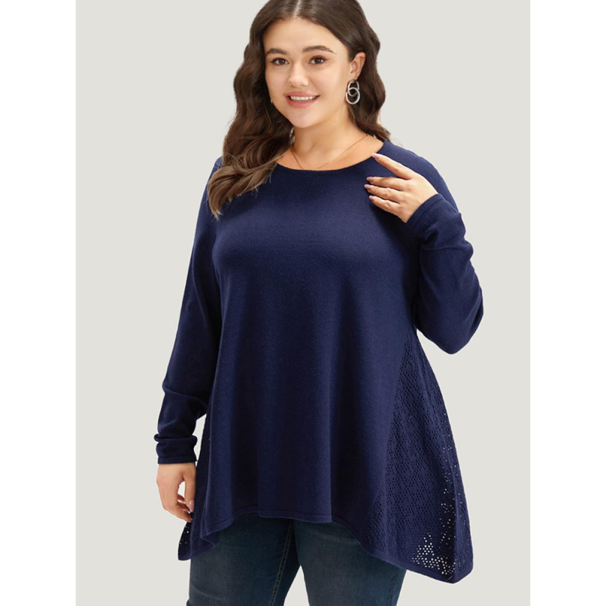 Plus Size Supersoft Essentials Cut Out Patchwork Pullover DarkBlue Women Casual Loose Long Sleeve Round Neck Dailywear Pullovers BloomChic 26/4X Product Image