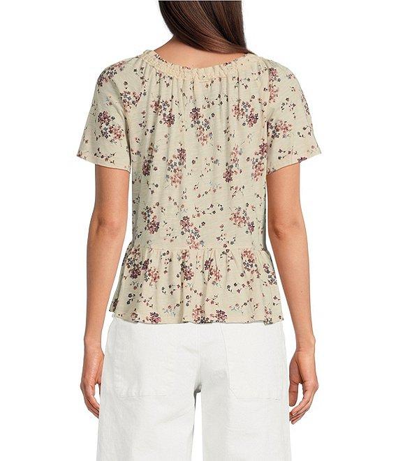 Lucky Brand Knit Floral Print Crew Neck Short Sleeve Peplum Tee Product Image