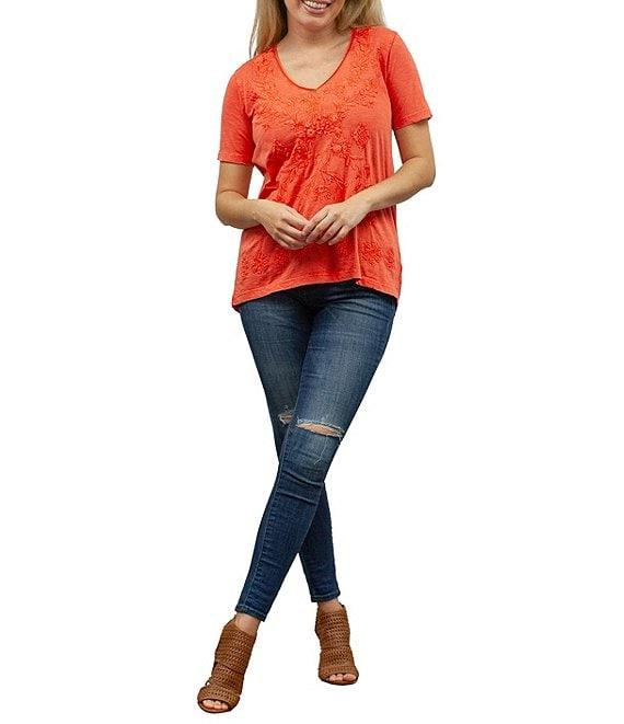 Karyn Seo Marya Geometric Floral Embroidered V-Neck Short Sleeve Top Product Image