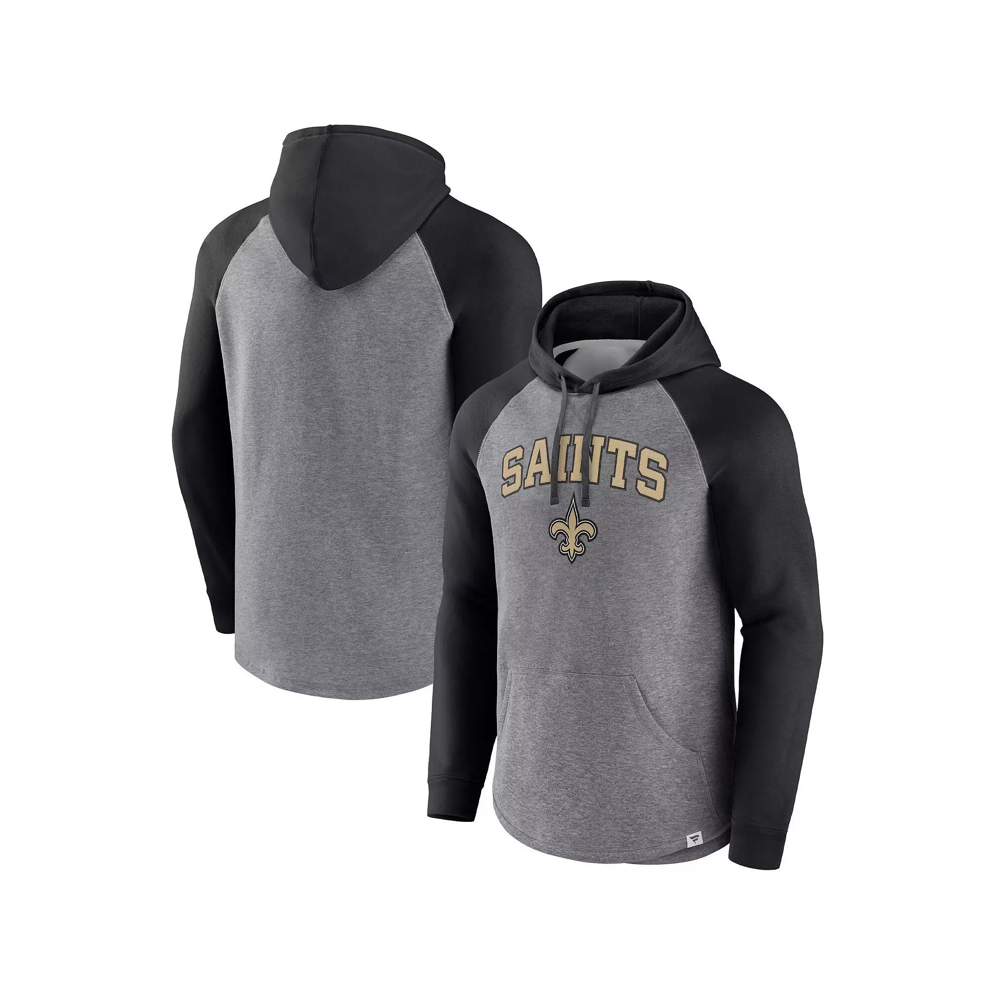 Men's Fanatics Branded Heathered Gray/Black New Orleans Saints By Design Raglan Pullover Hoodie, Size: 5XL, Grey Product Image