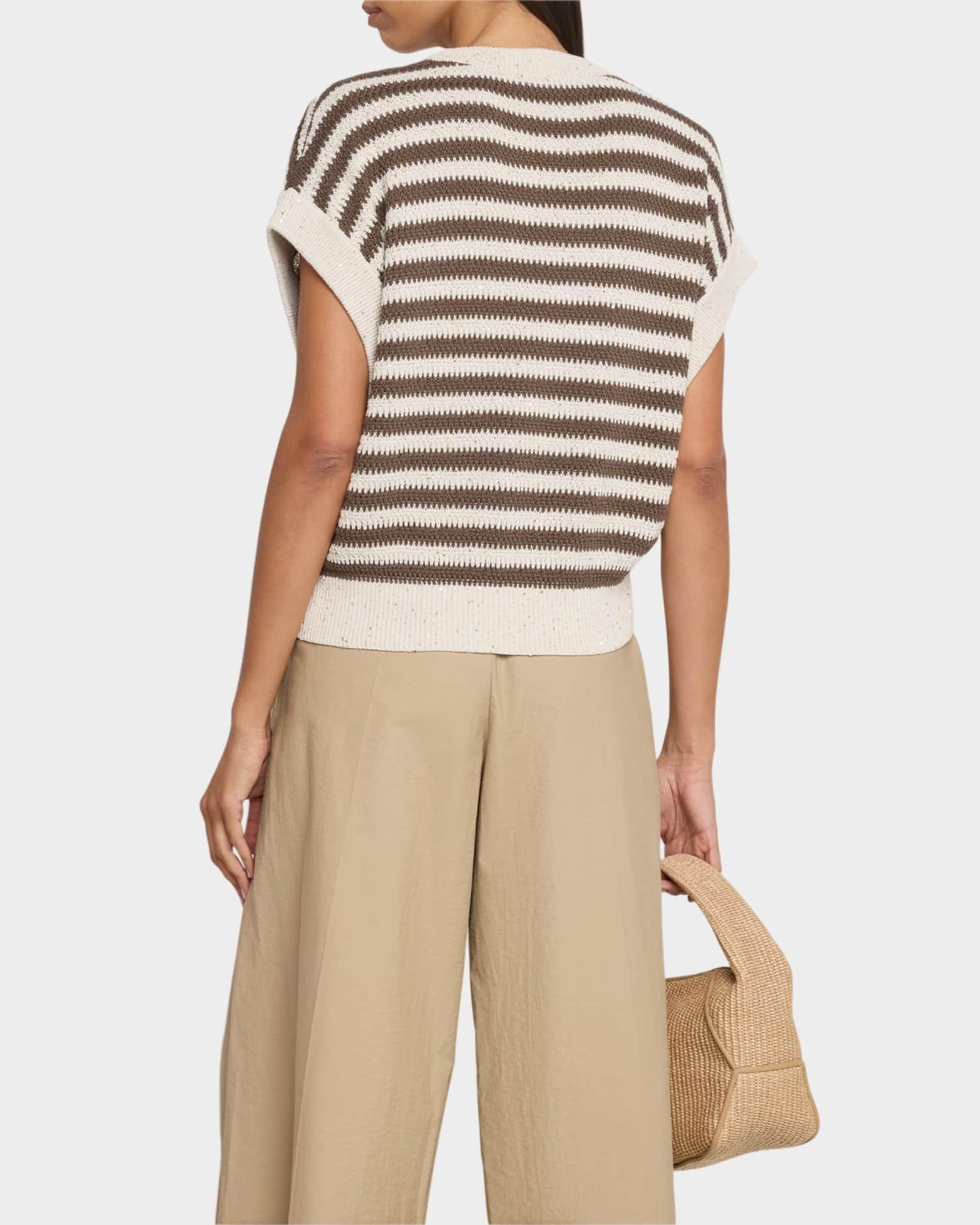 Striped Cap-Sleeve Paillette Knit Sweater Product Image