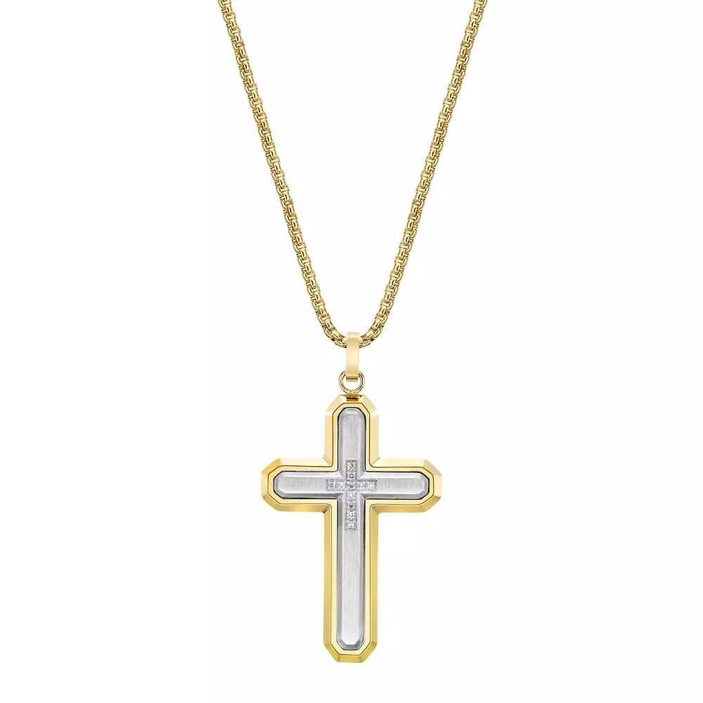 LYNX Men's Two Tone Stainless Steel Diamond Accent Cross Pendant Necklace, Size: 24" Product Image