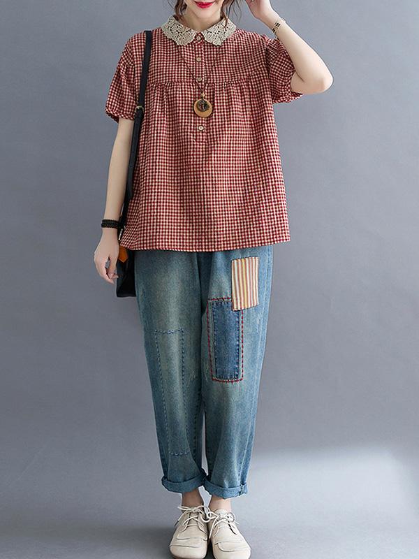 Cotton Blend Plaid Polo Puff Sleeve T-Shirts Tops Product Image