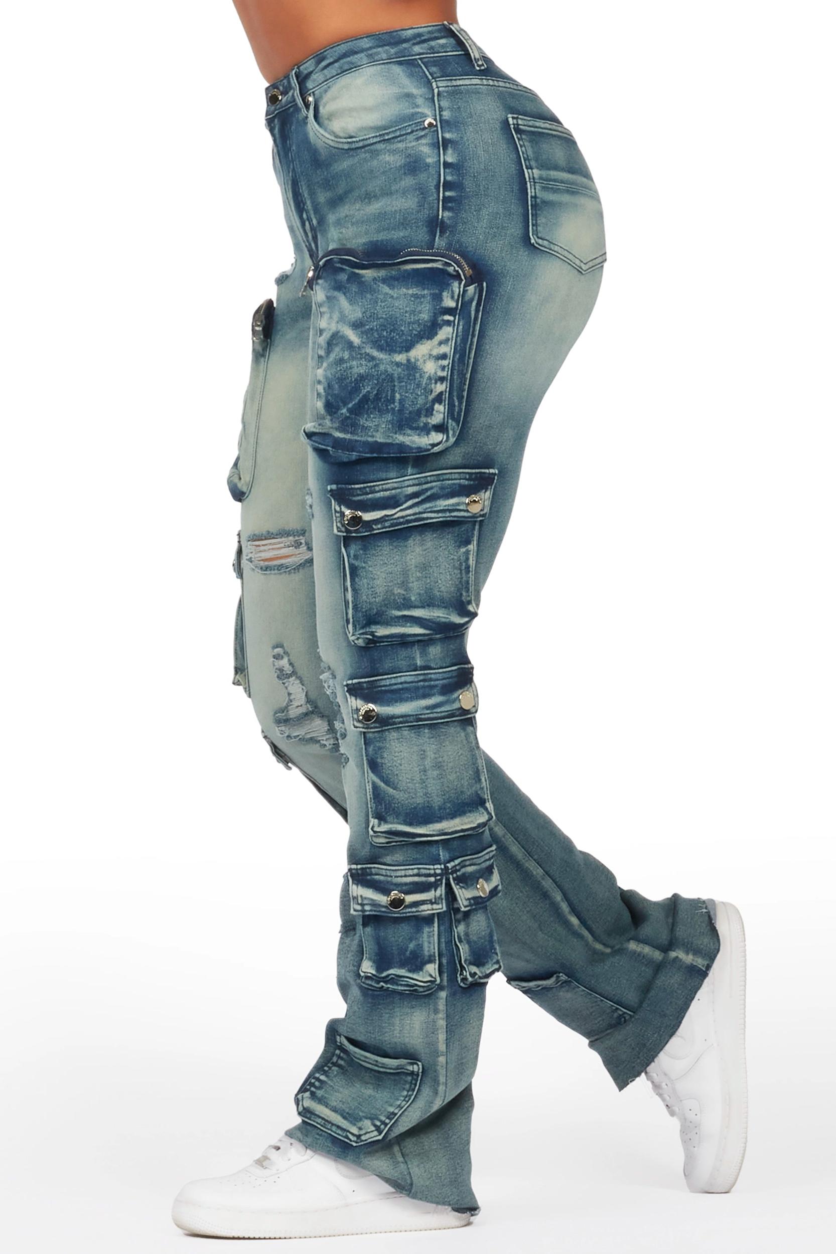Octavie 2.0 Tinted Dark Wash Cargo Stacked Flare Jean Female Product Image