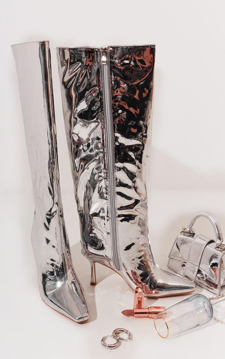 Silver Metallic Point Toe Knee High Heeled Boots Product Image