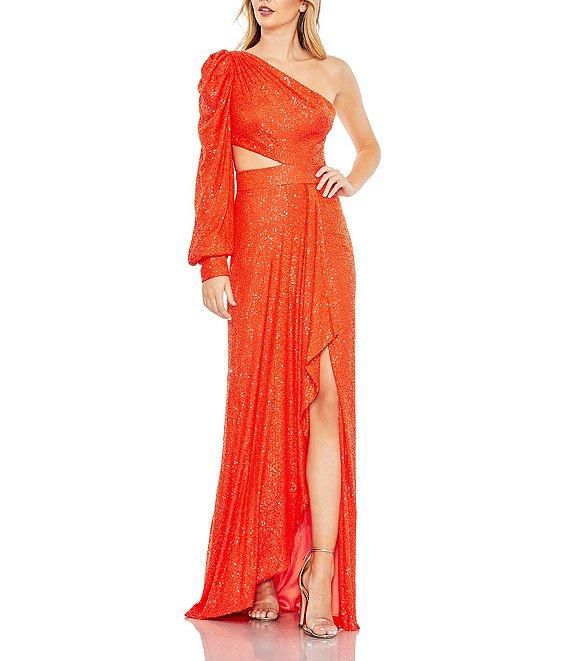 Mac Duggal Sequin Asymmetrical Neck Long Balloon Sleeve Cut Out Side Thigh High Slit Ruffle Hem Gown Product Image