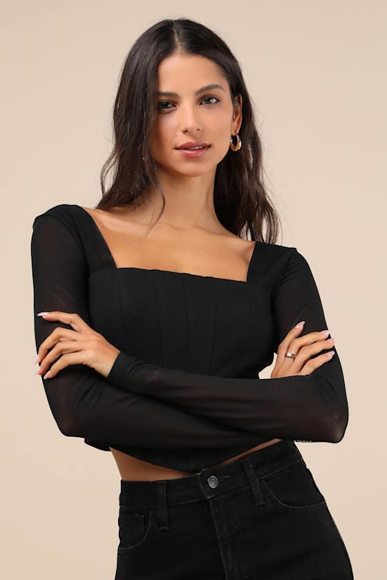 Captivating Sense Black Mesh Long Sleeve Bustier Crop Top Product Image