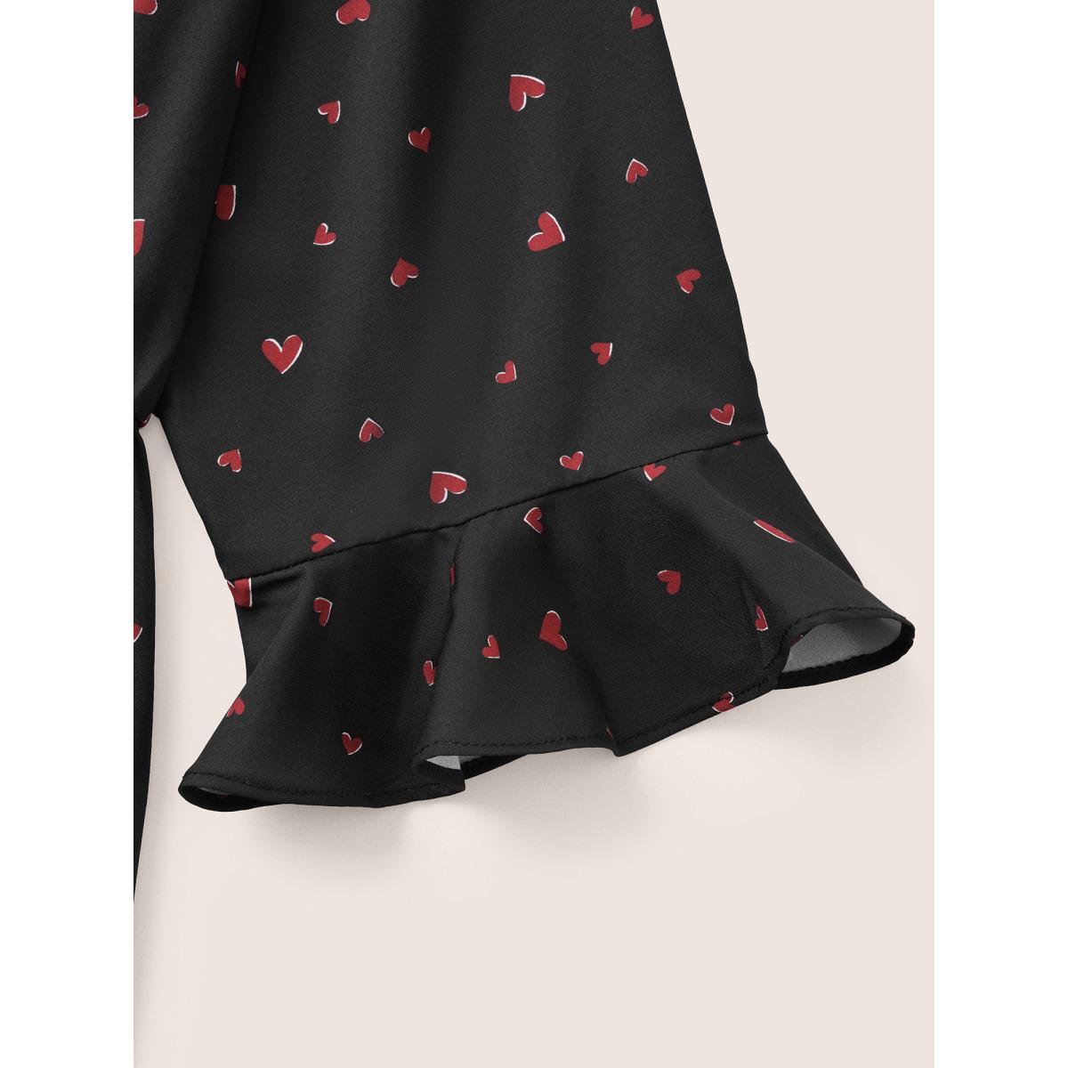 Plus Size Black Heart Print Flutter Sleeve Elastic Waist Blouse Women Elegant Elbow-length sleeve V-neck Everyday Blouses BloomChic 10/M Product Image