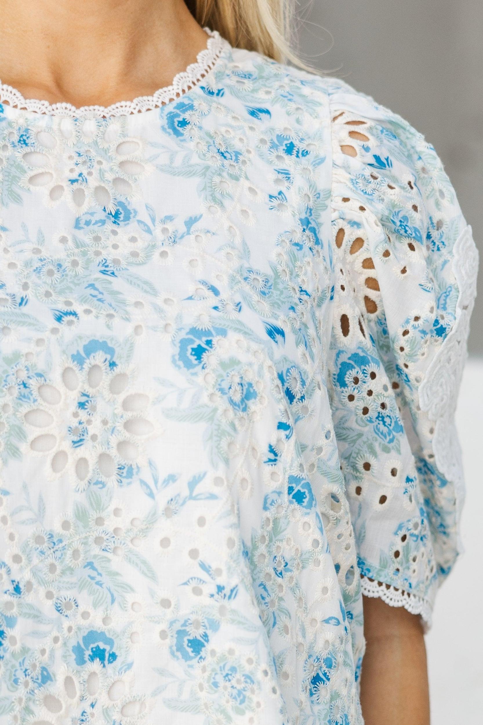 Feeling Joy Blue Floral Eyelet Blouse Female Product Image