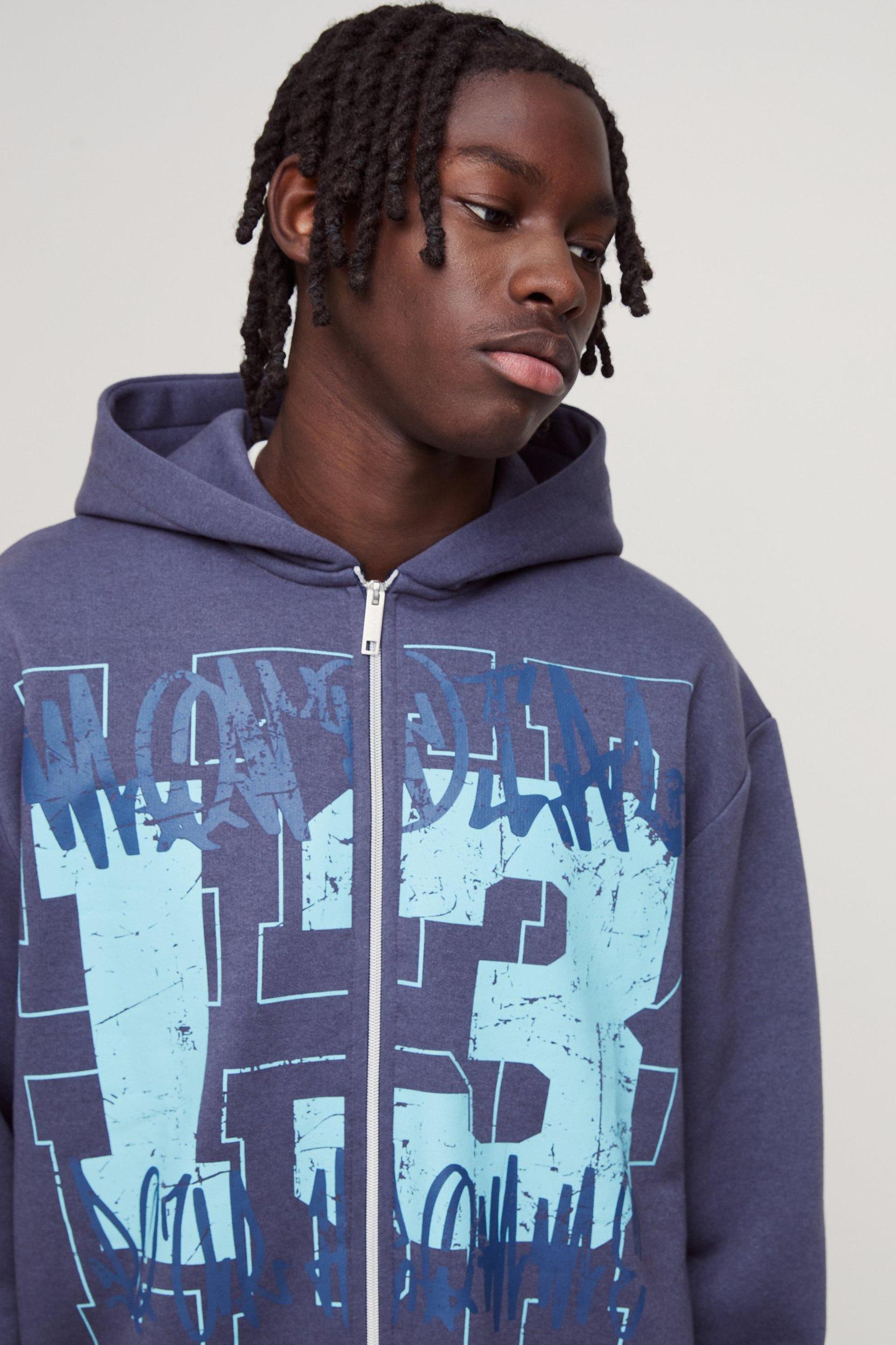 Oversized Boxy Graffiti 13 Varsity Zip Through Hoodie | boohooMAN USA Product Image
