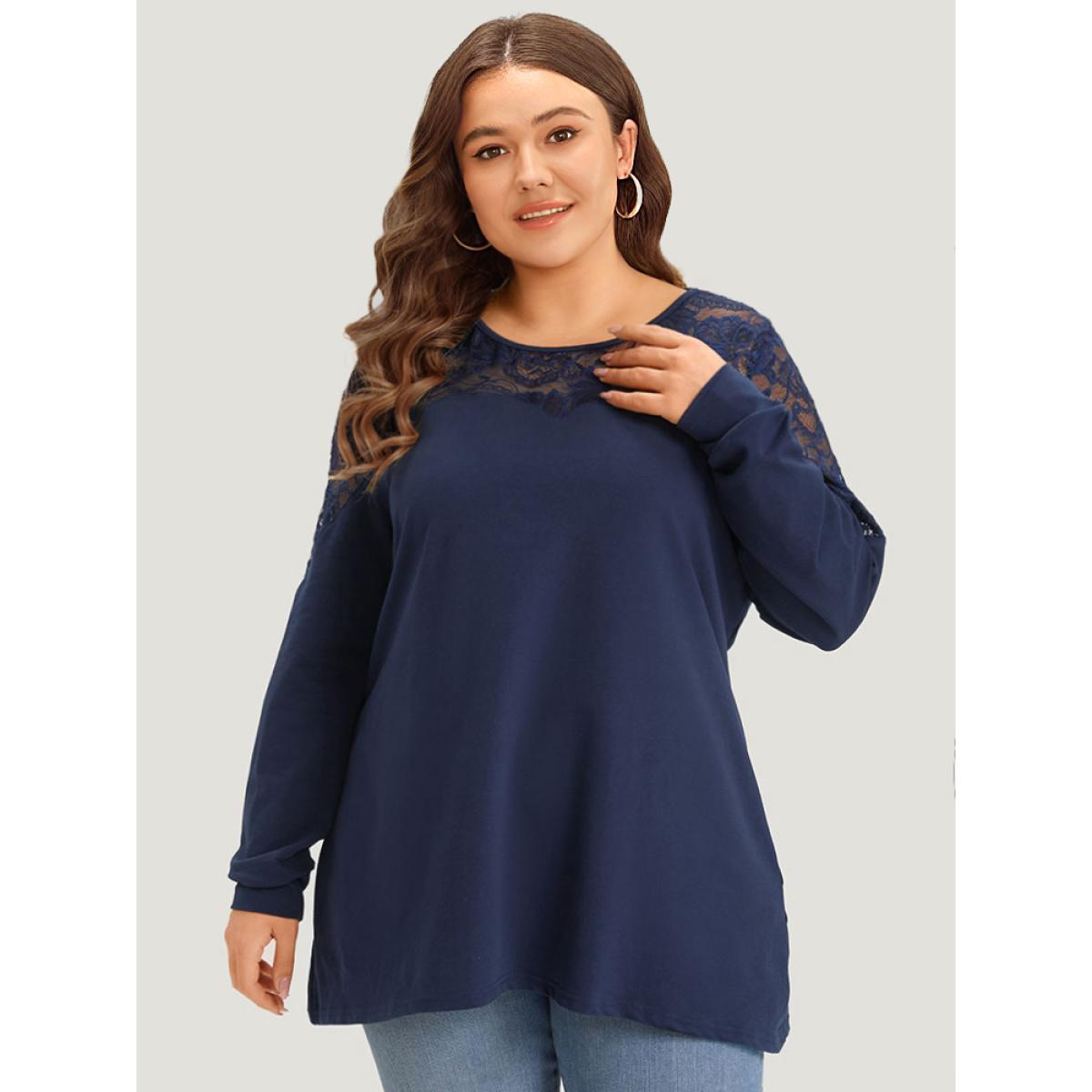 Plus Size Silhouette Floral Lace Mesh Patchwork Elastic Cuffs Sweatshirt Women Indigo Elegant Elastic cuffs Round Neck Dailywear Sweatshirts BloomChic 10/M Product Image