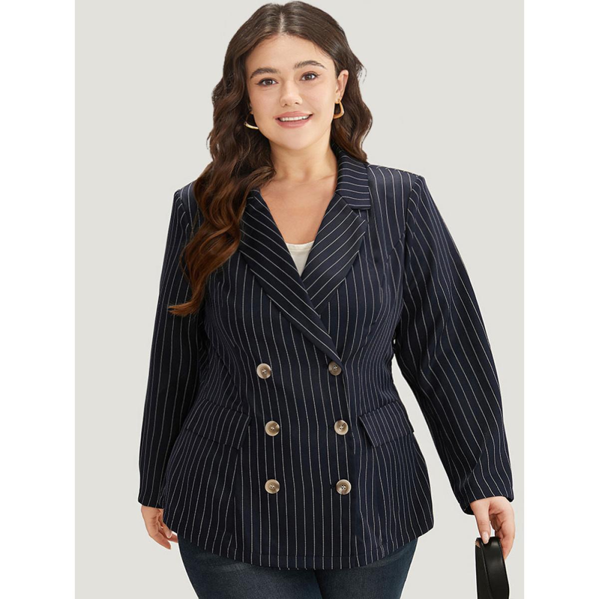Plus Size Suit Collar Striped Double Breasted Blazer Blue Women Office Striped Button Sleeve Long Sleeve Suit Collar 30/6X Pocket Office Blazers BloomChic Product Image