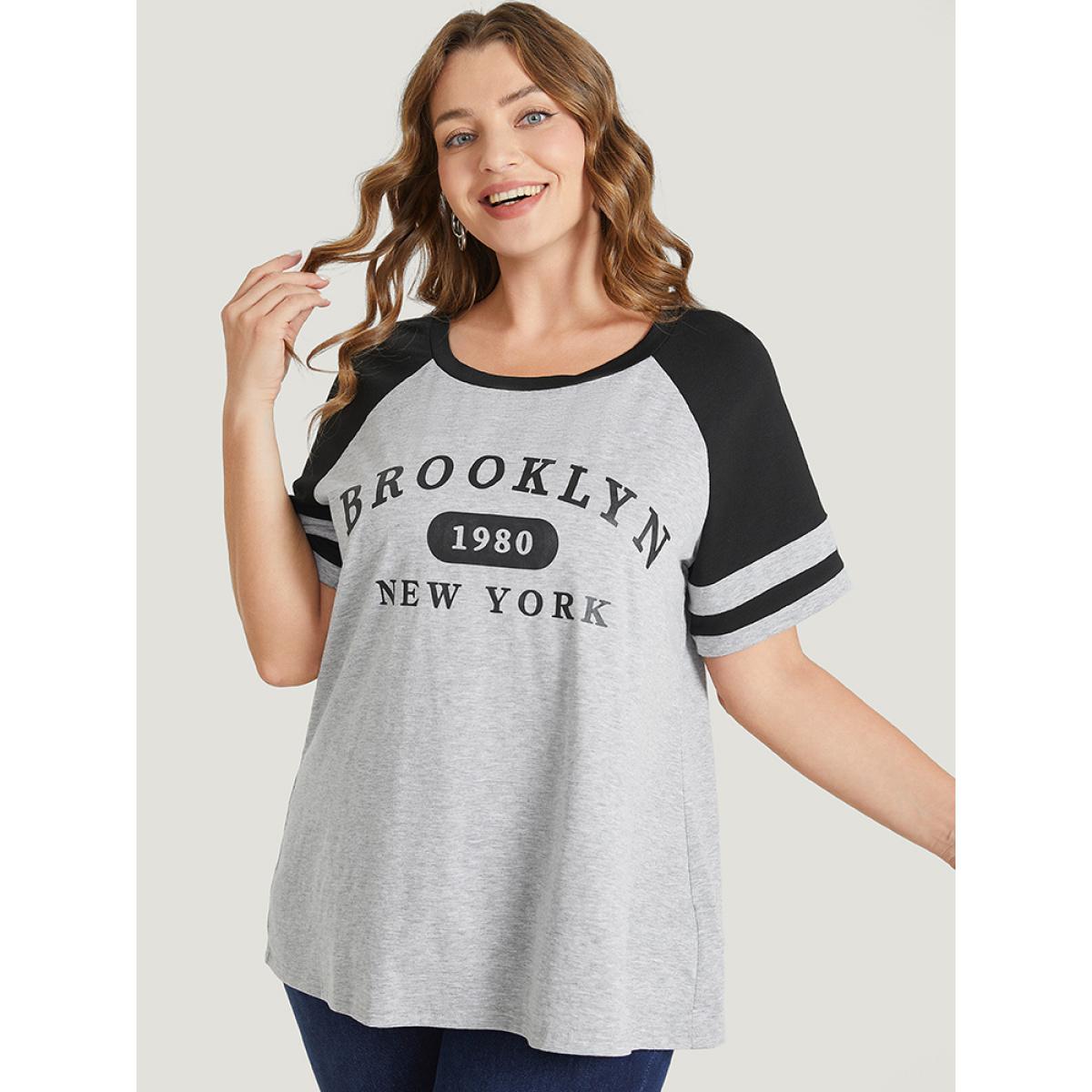 Plus Size Letter Print Contrast Raglan Sleeve Graphic Tee LightGray Women Casual Striped Dailywear T-shirts BloomChic 28/5X Product Image