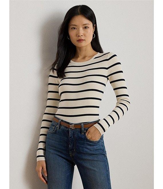 Lauren Ralph Lauren Ribbed Knit Striped Round Neck Long Sleeve Sweater Product Image