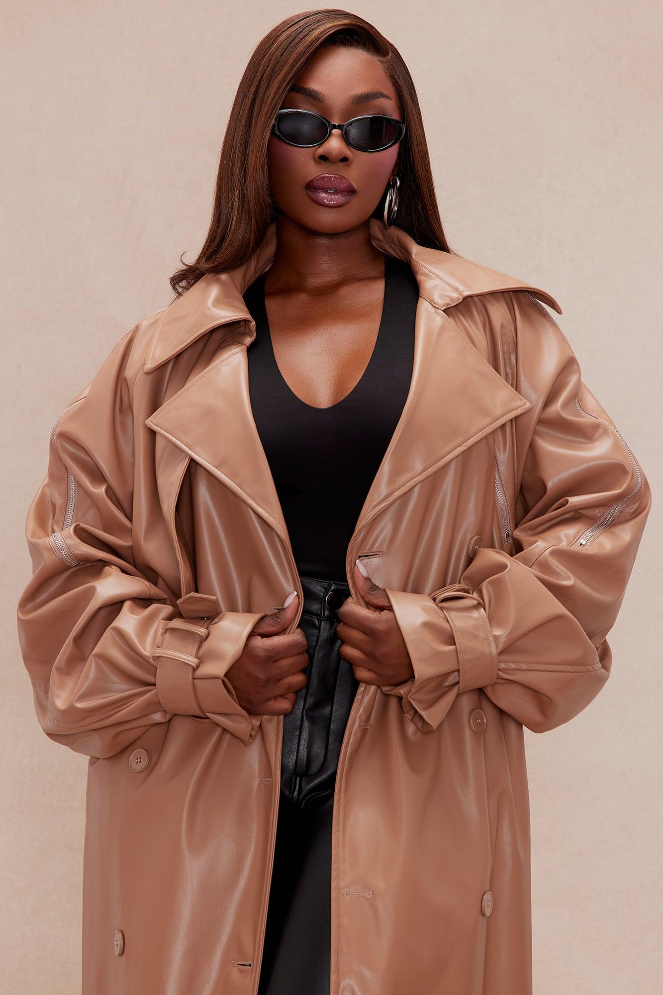 Kendra Faux Leather Trench Coat - Camel Product Image