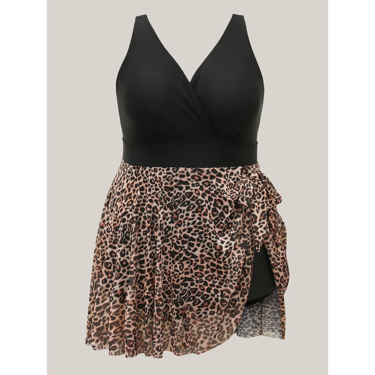 Plus Size Leopard Print Knotted Surplice Swim Dress Women's Swimwear Black Beach Bodycon Overlap Collar High stretch Curve Swim Dresses BloomChic 14-16/1X Product Image