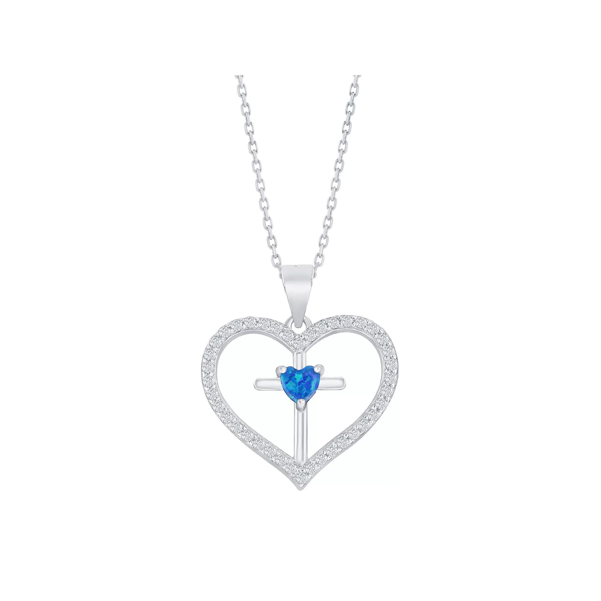 Sterling Silver Opal & Cubic Zirconia Cross Heart Pendant Necklace, Women's, Size: 18", Blue Product Image