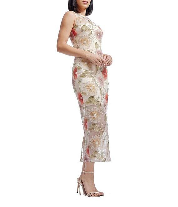 Dress the Population Helena Embroidered Lace Floral Print Crew Neck Sleeveless Sheath Midi Dress Product Image
