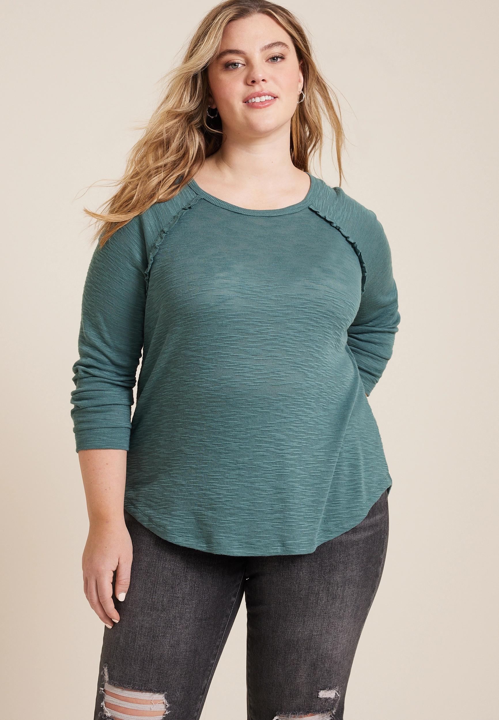 Maurices 1X Plus Size Womens Raglan Long Sleeve Ruffle Trim Tee Product Image