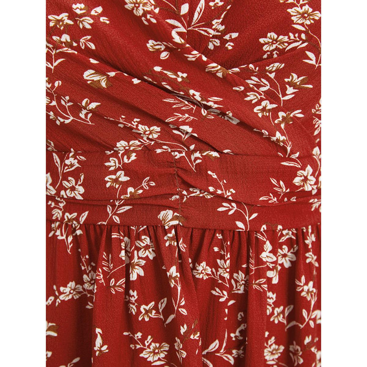 Plus Size Ditsy Floral Crossover Crew Neck Pocket Sleeveless Dress Red Women Elegant Printed Round Neck Sleeveless Curvy Midi Dress BloomChic 14-16/1X Product Image