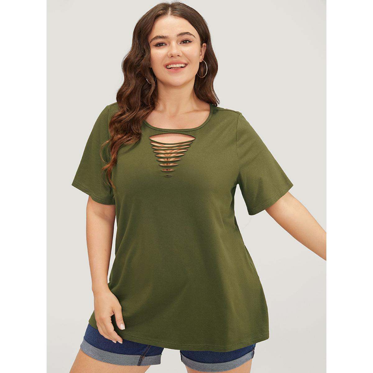 Plus Size Plain Cut Out Short Sleeve T-shirt ArmyGreen Women Casual Cut-Out Plain Round Neck Dailywear T-shirts BloomChic 12/L Product Image