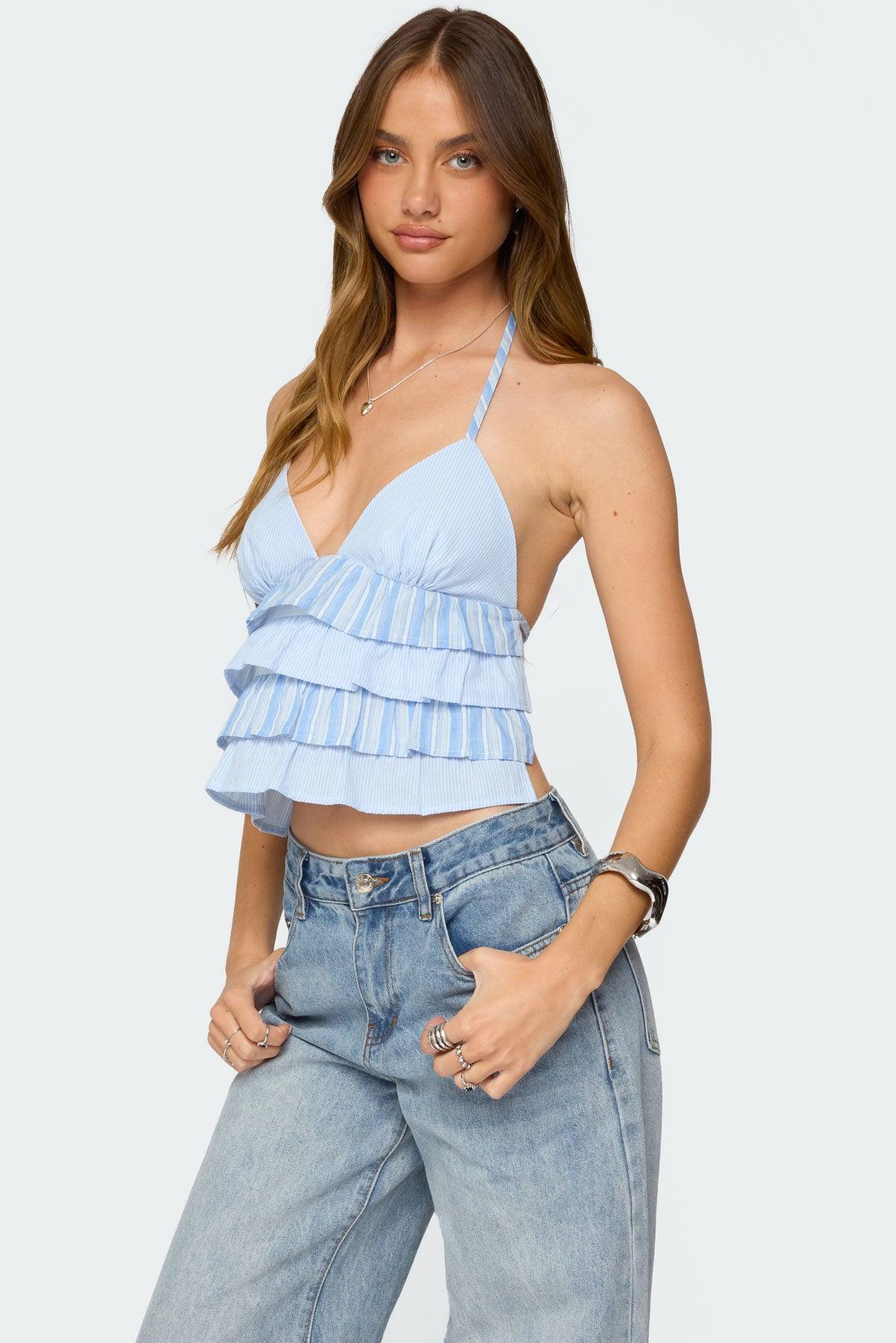 Tiered Ruffle Backless Striped Halter Top Product Image
