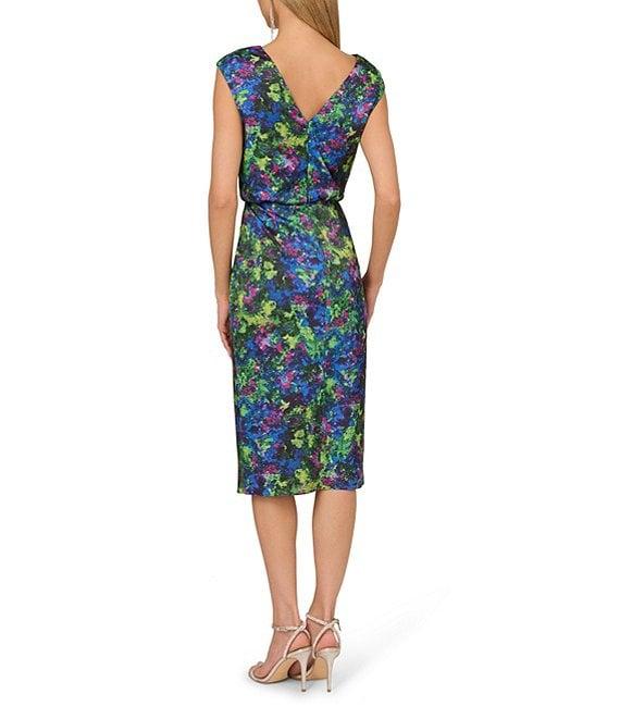 Adrianna Papell Floral Satin V-Neck Sleeveless Faux Wrap Midi Dress Product Image