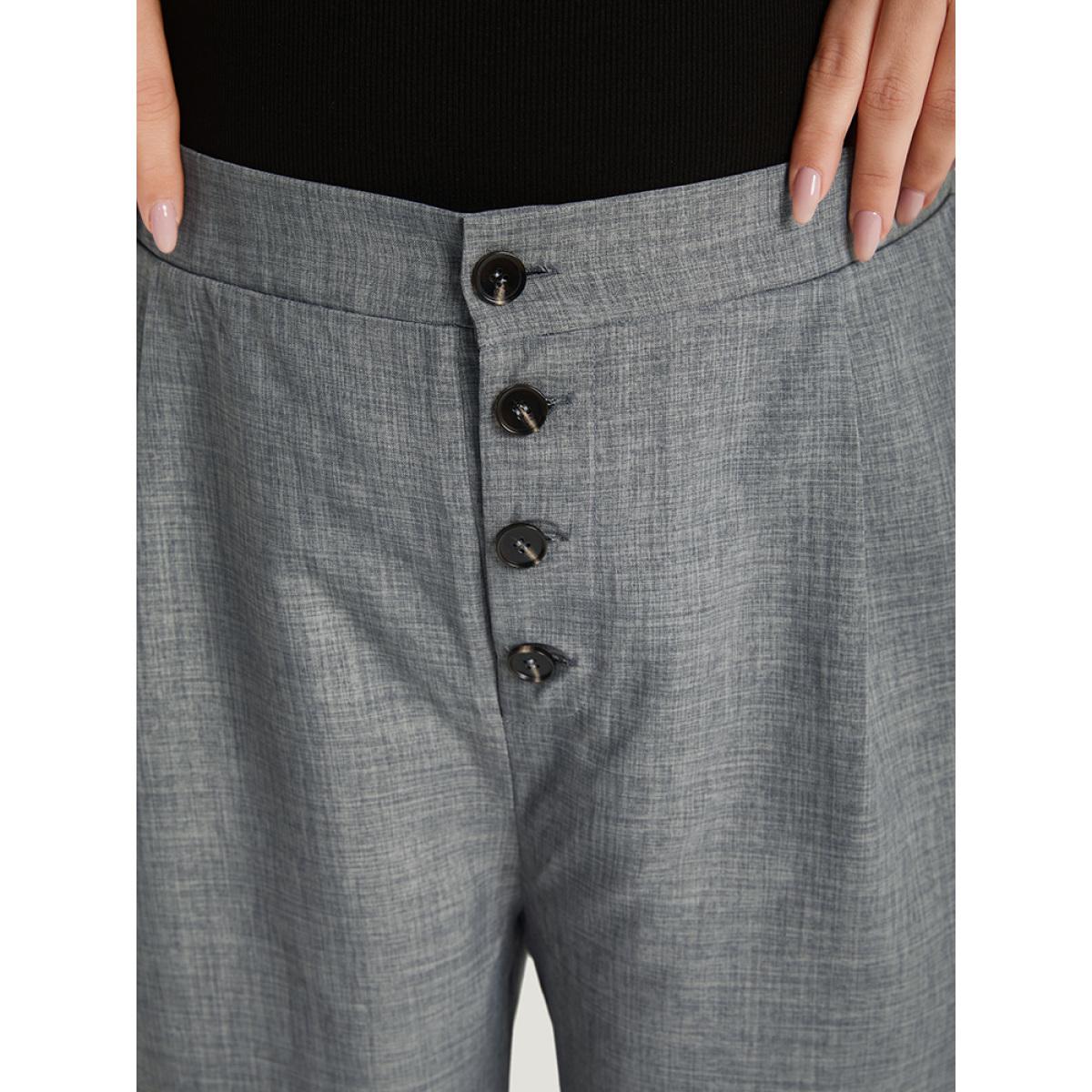 Plus Size Plain Pocket Button Detail Pleated Pants Women DarkGray Office Straight Leg High Rise Work Pants BloomChic 18-20/2X Product Image