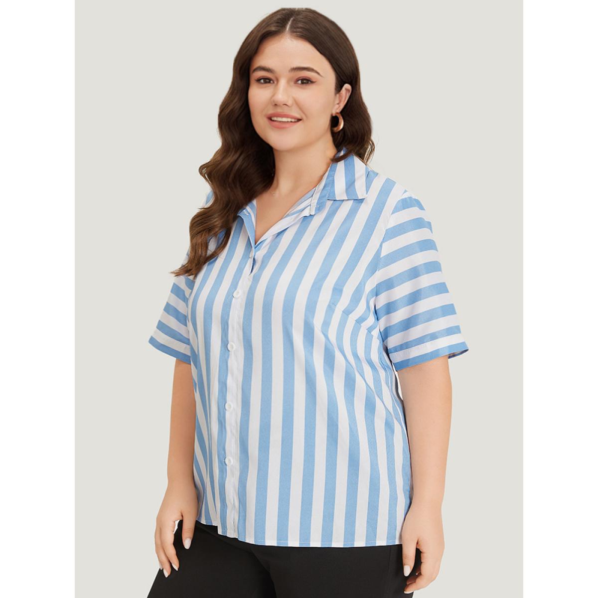 Plus Size Multicolor Striped Shirt Collar Button Through Blouse Women Vacation Half Sleeve Shirt collar Work Blouses BloomChic 10/M Product Image