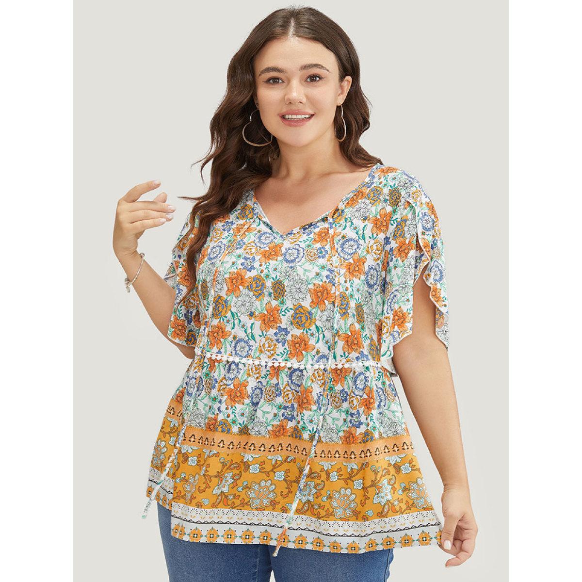 Plus Size Gold Bandana Print Petal Sleeve Tie Neck Pompom Trim Blouse Women Vacation Short sleeve Tie Neck Dailywear Blouses BloomChic 14-16/1X Product Image