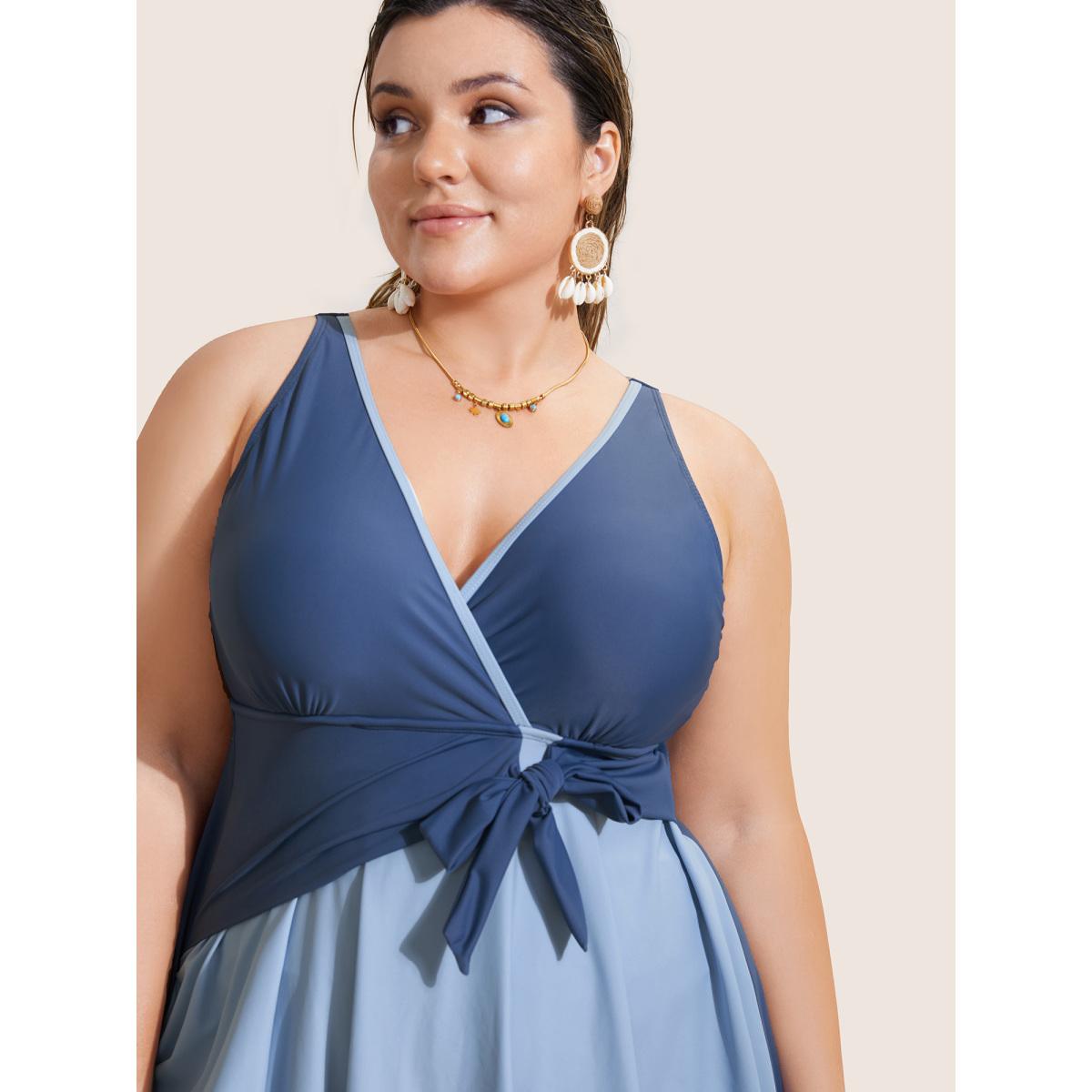 Plus Size Contrast V Neck Tie Knot Swim Dress Women's Swimwear Indigo Beach Bodycon V-neck High stretch Curve Swim Dresses BloomChic 12/L Product Image