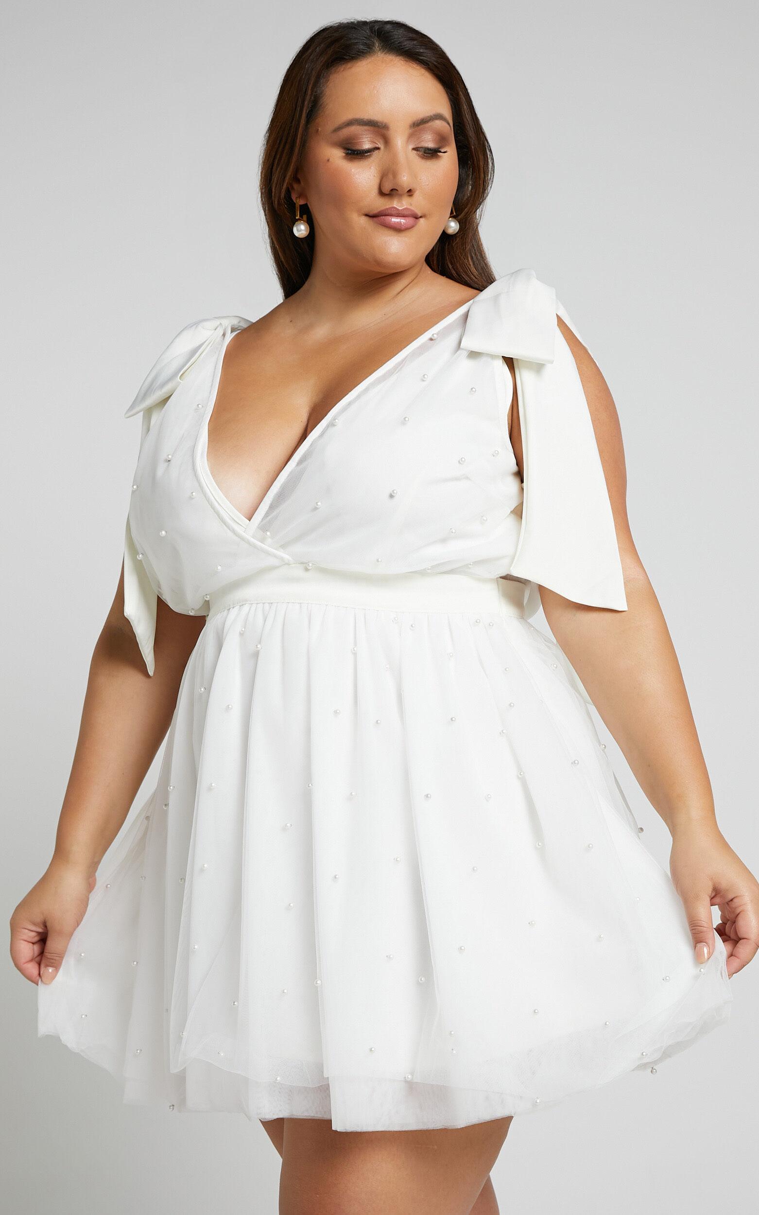 Karalyn Mini Dress - Bow Strap Plunge Pearl Detail Dress in White Product Image